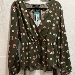 41 Hawthorn - Jocelyn Wrap Neck Tie Waist Blouse - Size M - Olive Green